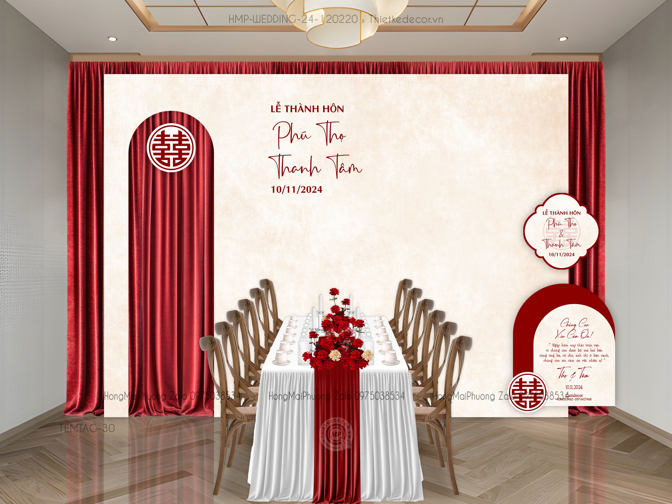 Gia tiên tone đỏ đơn giản nền vintage kèm tem nước và tag bàn